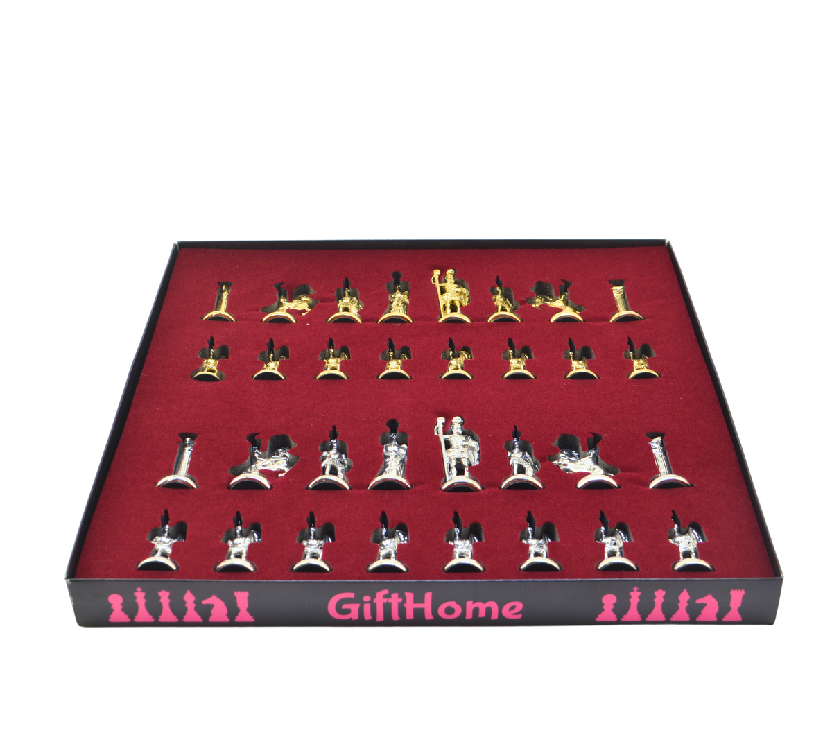Roman Empire Metal Chess Set – Handmade Solid Wood Flat Chessboard, 36 x 36 cm
