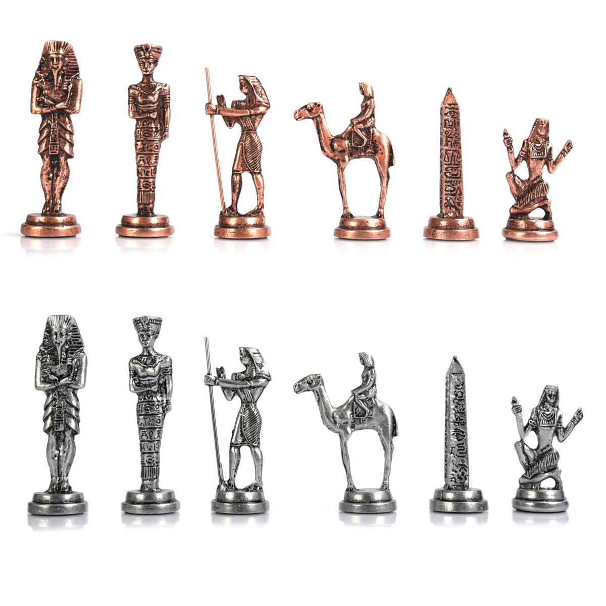 Egyptian Pharaoh Metal Chess Set – Handmade Box or Drawer Solid Wood Chessboard, 38 x 38 cm