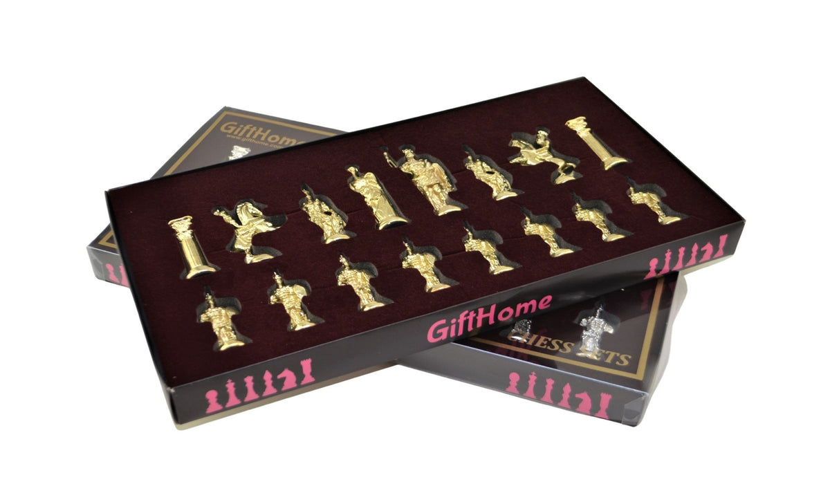 Roman Empire Metal Chess Set Big Size – Mother-of-Pearl Pattern Folding MDF Chessboard, 43 x 43 cm