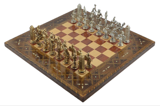 Ancient Greek Metal Chess Set Big Size - Handmade Solid Wood Flat Chessboard, 45 x 45 cm
