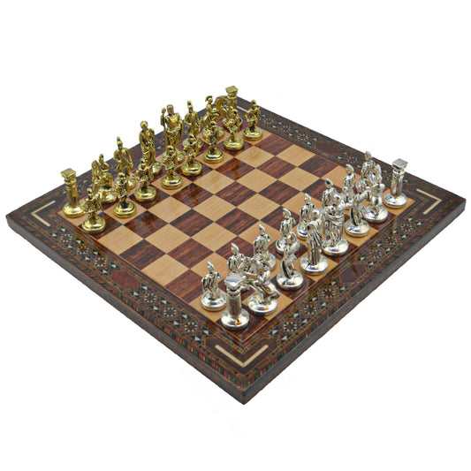 Roman Empire Metal Chess Set – Handmade Solid Wood Flat Chessboard, 36 x 36 cm