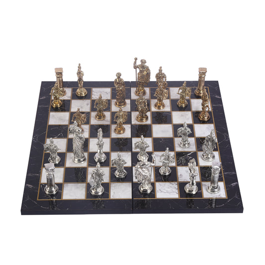 Roman Empire Metal Chess Set Big Size – Marble-Pattern Folding MDF Chessboard, 43 x 43 cm