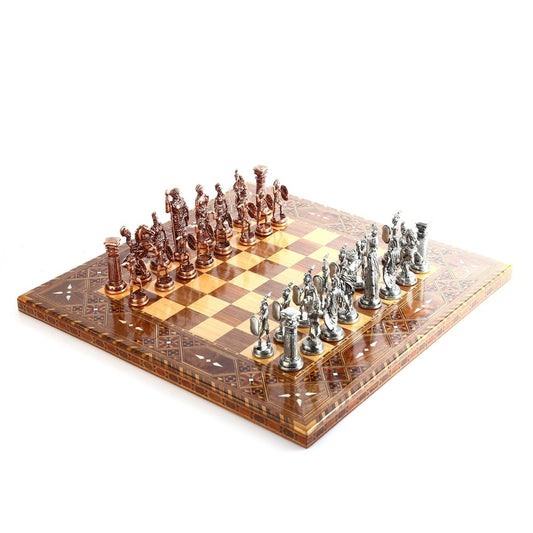 Roman Empire Metal Chess Set Big Size – Handmade Solid Wood Flat Chessboard, 45 x 45 cm