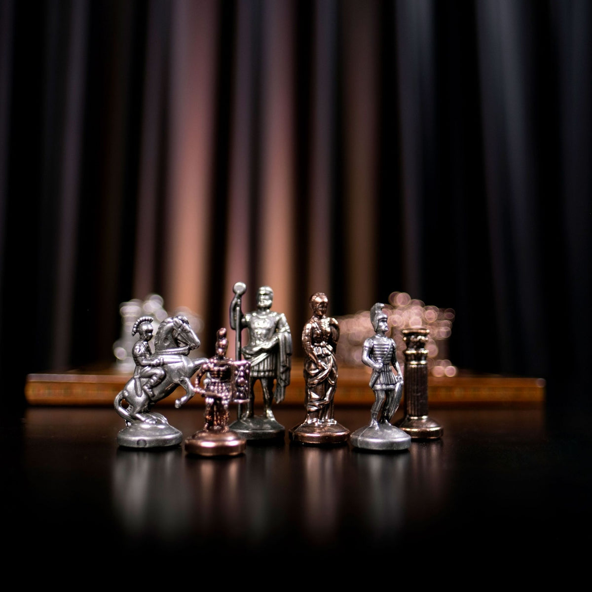 Roman Empire Metal Chess Set – Handmade Solid Wood Flat Chessboard, 36 x 36 cm