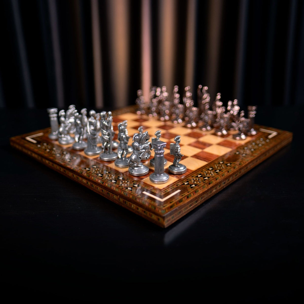 Roman Empire Metal Chess Set – Handmade Solid Wood Flat Chessboard, 36 x 36 cm