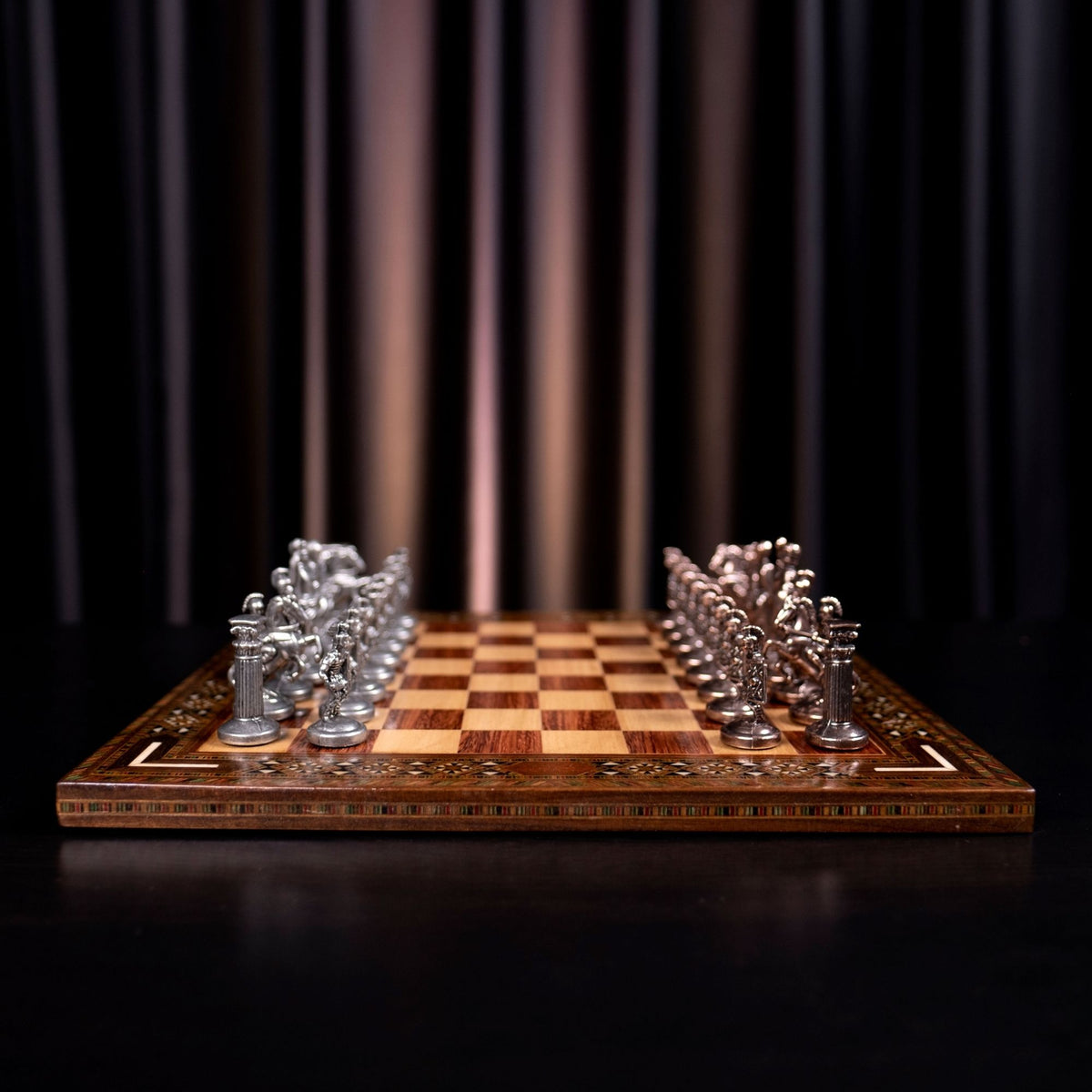 Roman Empire Metal Chess Set – Handmade Solid Wood Flat Chessboard, 36 x 36 cm