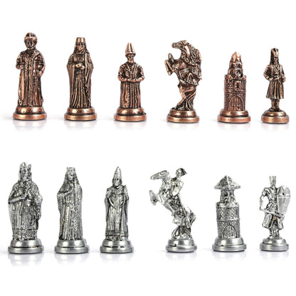 Ottoman Byzantine Metal Chess Set – Handmade Box or Drawer Solid Wood Chessboard, 38 x 38 cm