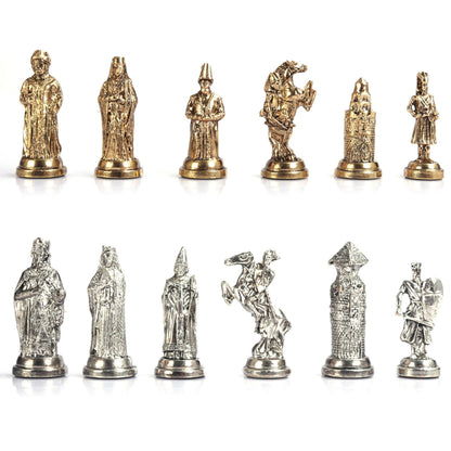 Ottoman Byzantine Metal Chess Set – Handmade Box or Drawer Solid Wood Chessboard, 38 x 38 cm