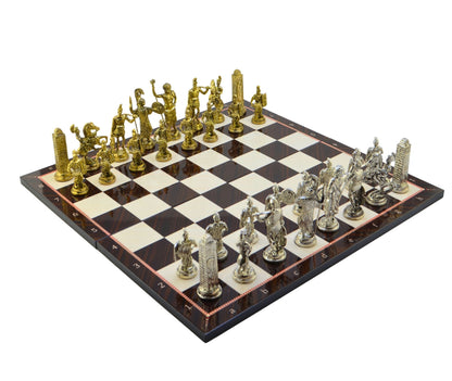 Antik Yunan Metal Satranç Takımı Büyük Boy – Katlanır MDF Satranç Tahtası, 43 x 43 cm