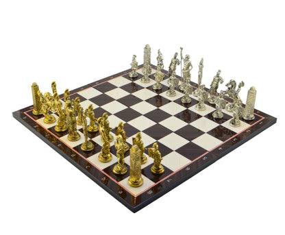 Antik Yunan Metal Satranç Takımı Büyük Boy – Katlanır MDF Satranç Tahtası, 43 x 43 cm