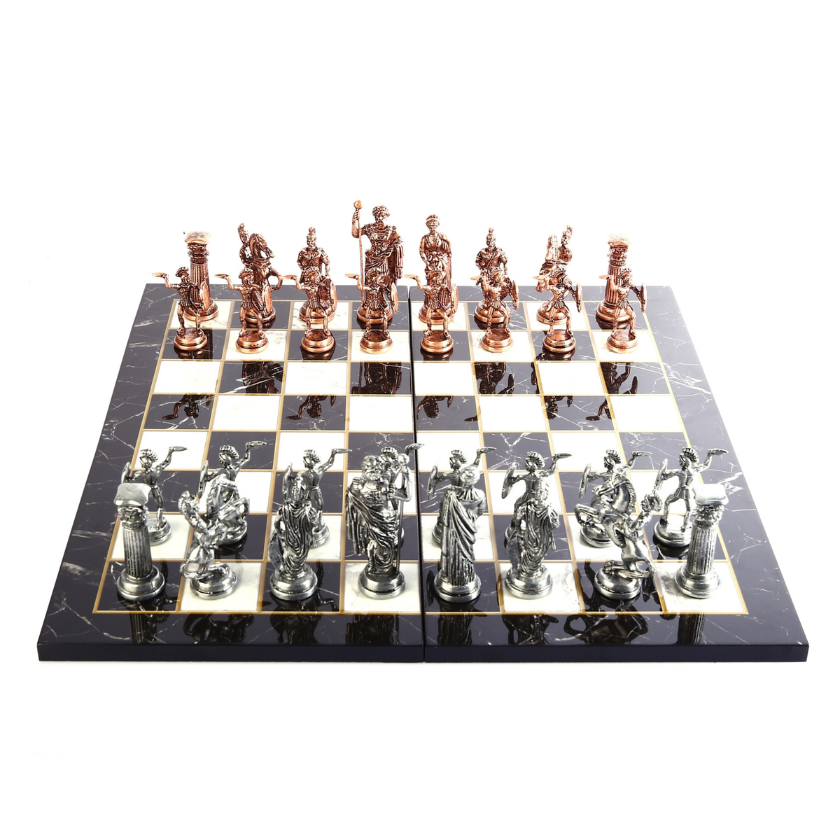 Roman Empire Metal Chess Set Big Size – Marble-Pattern Folding MDF Chessboard, 43 x 43 cm