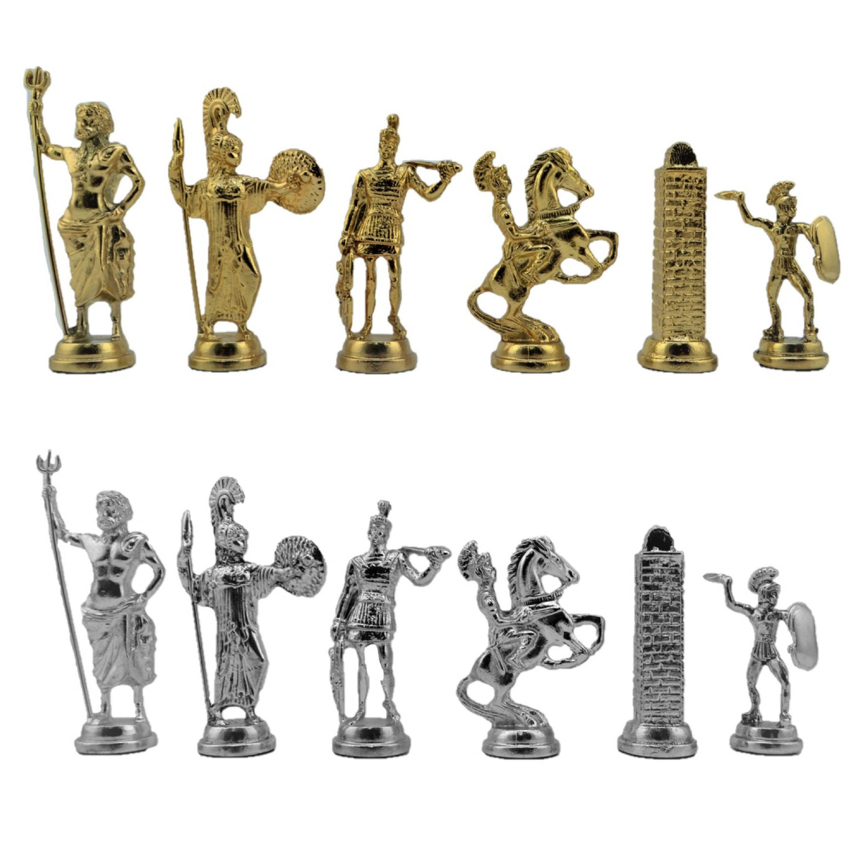 Antik Yunan Metal Satranç Takımı Büyük Boy – Katlanır MDF Satranç Tahtası, 43 x 43 cm