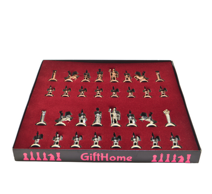 Roman Empire Metal Chess Set – Handmade Solid Wood Flat Chessboard, 36 x 36 cm