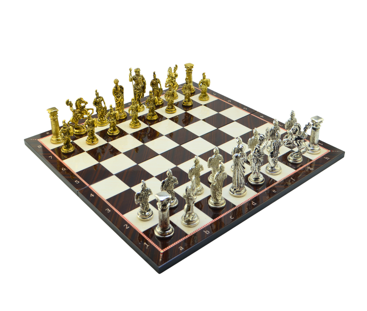 Roman Empire Metal Chess Set Big Size – Walnut Pattern Folding MDF Chessboard, 43 x 43 cm