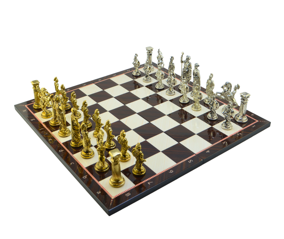 Roman Empire Metal Chess Set Big Size – Walnut Pattern Folding MDF Chessboard, 43 x 43 cm