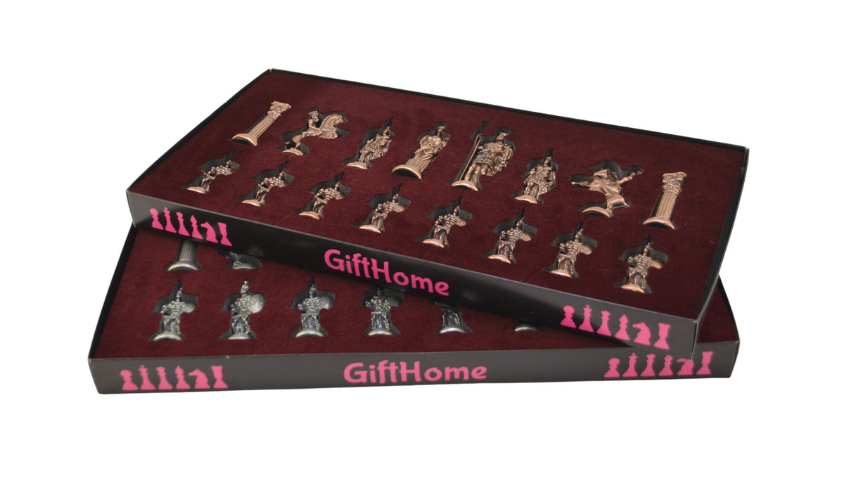 Roman Empire Metal Chess Set Big Size – Marble-Pattern Folding MDF Chessboard, 43 x 43 cm