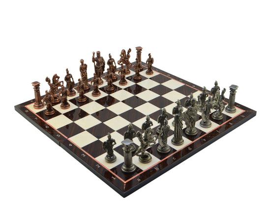 Roman Empire Metal Chess Set Big Size – Walnut Pattern Folding MDF Chessboard, 43 x 43 cm