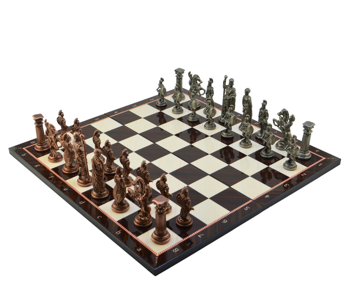 Roman Empire Metal Chess Set Big Size – Walnut Pattern Folding MDF Chessboard, 43 x 43 cm