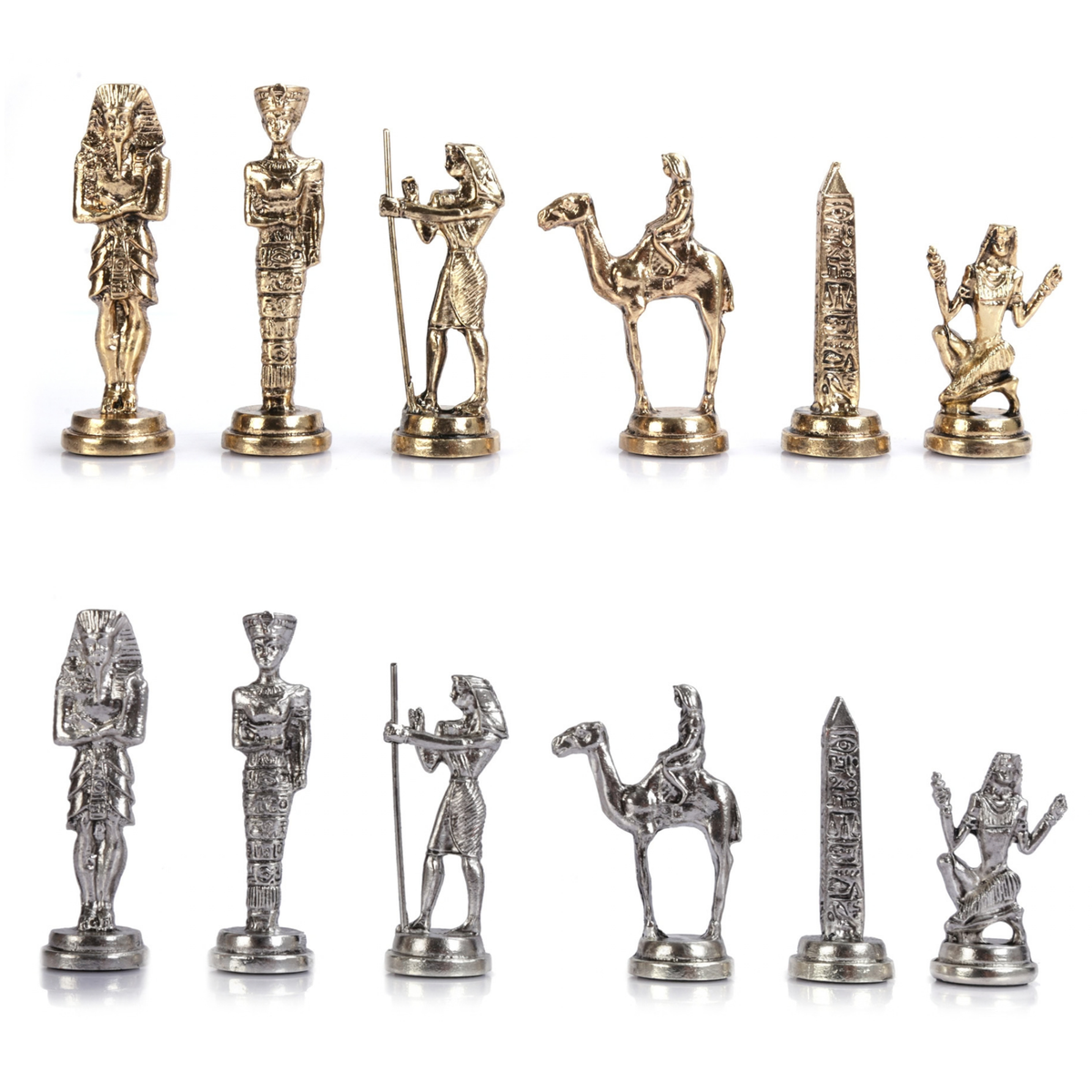 Egyptian Pharaoh Metal Chess Set – Handmade Box or Drawer Solid Wood Chessboard, 38 x 38 cm