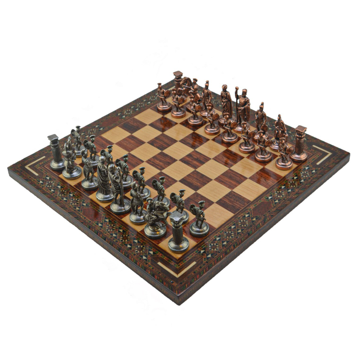 Roman Empire Metal Chess Set – Handmade Solid Wood Flat Chessboard, 36 x 36 cm