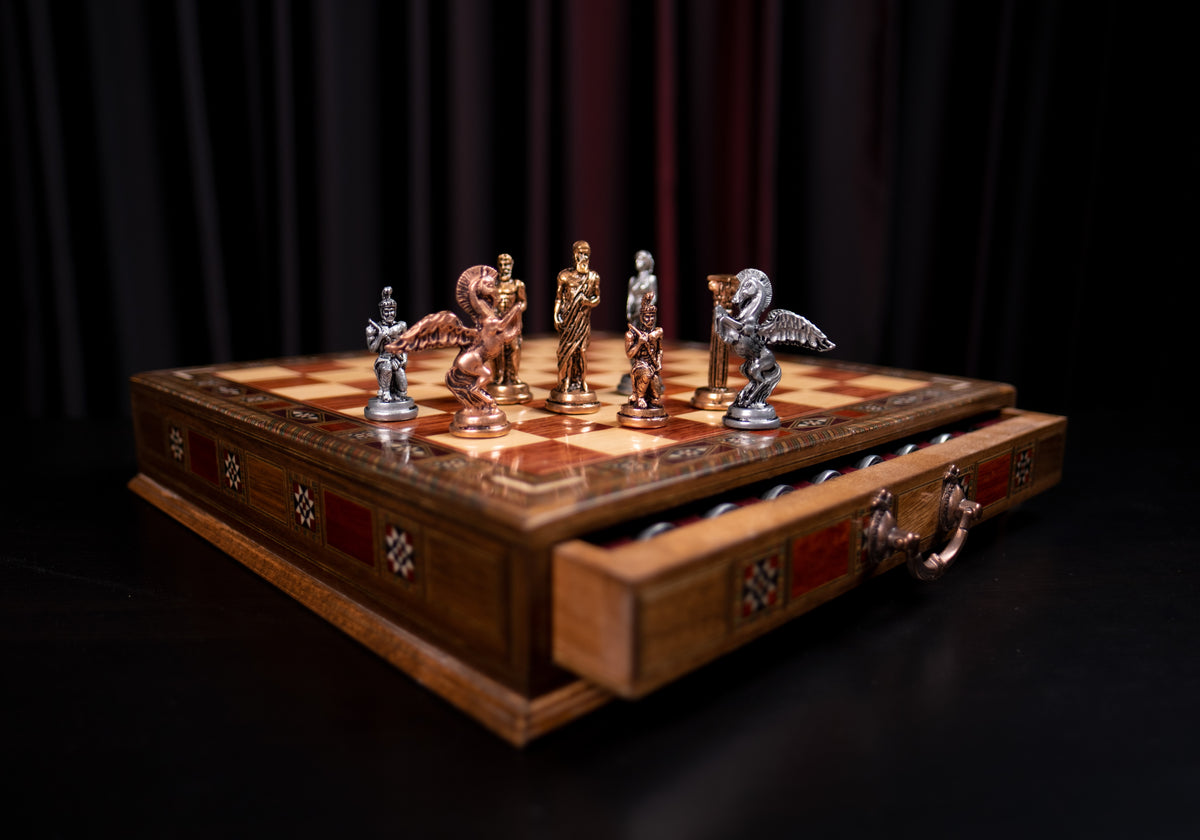 Pegasus Metal Chess Set – Handmade Box or Drawer Solid Wood Chessboard, 38 x 38 cm