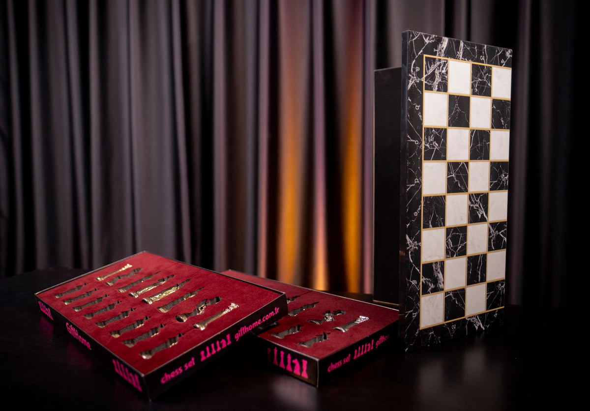 Roman Empire Metal Chess Set Big Size – Mother-of-Pearl Pattern Folding MDF Chessboard, 43 x 43 cm