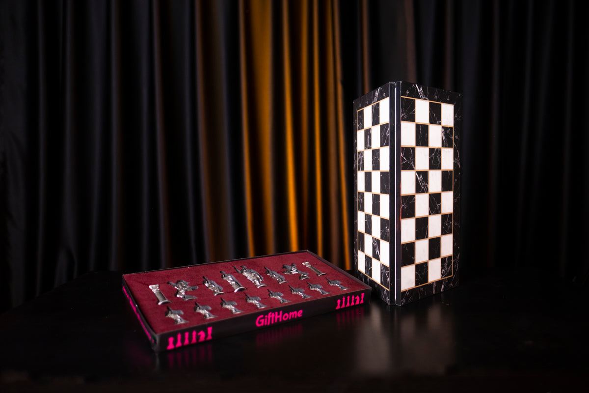 Roman Empire Metal Chess Set Big Size – Marble-Pattern Folding MDF Chessboard, 43 x 43 cm