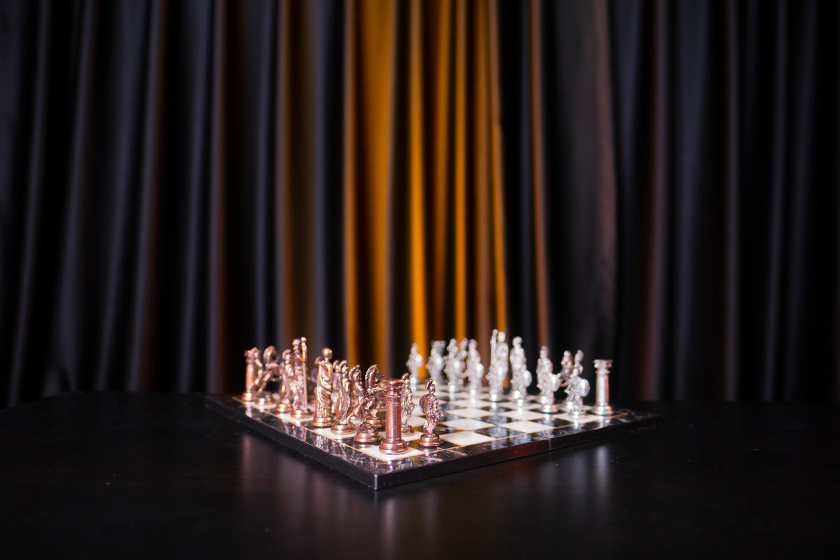 Roman Empire Metal Chess Set Big Size – Marble-Pattern Folding MDF Chessboard, 43 x 43 cm