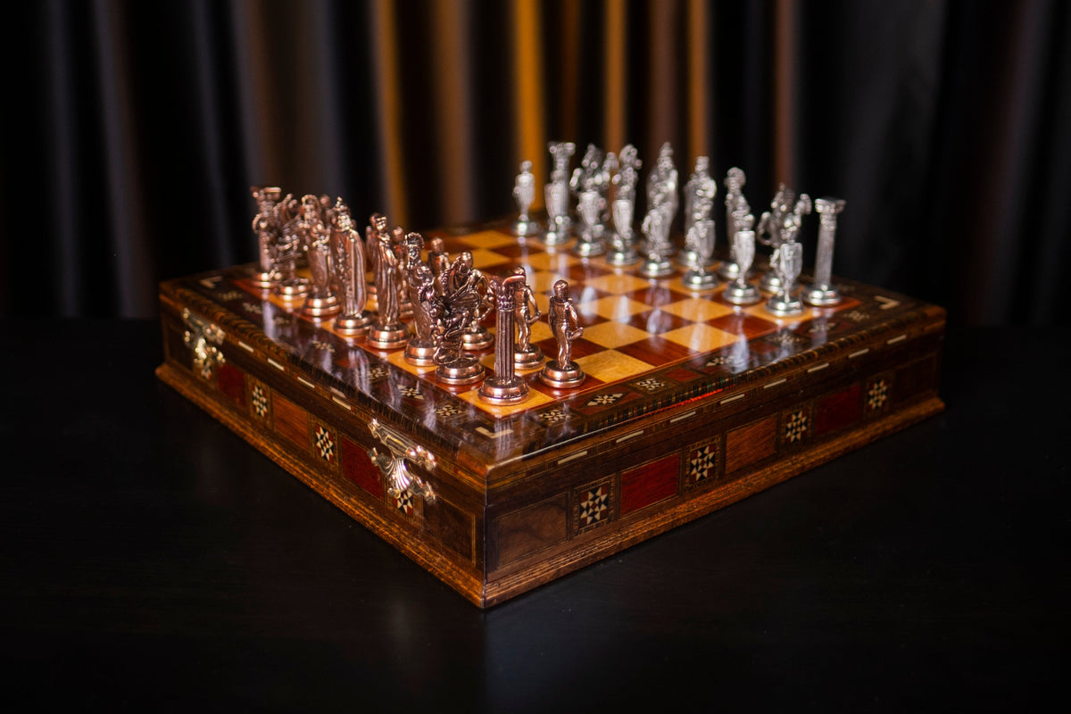 British Royal Metal Chess Set – Handmade Box or Drawer Solid Wood Chessboard, 38 x 38 cm