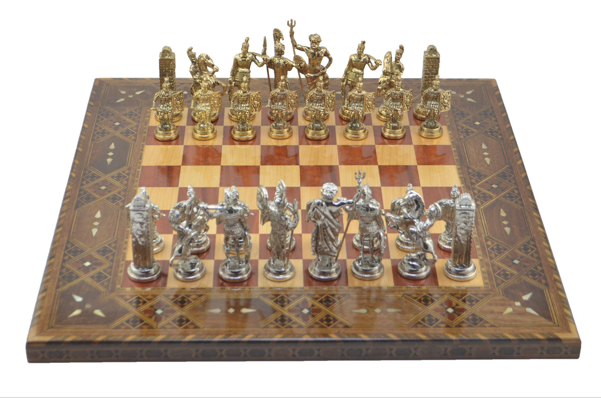 Ancient Greek Metal Chess Set Big Size - Handmade Solid Wood Flat Chessboard, 45 x 45 cm