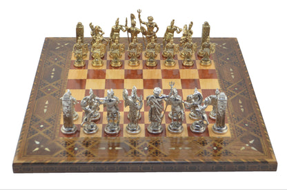 Ancient Greek Metal Chess Set Big Size - Handmade Solid Wood Flat Chessboard, 45 x 45 cm