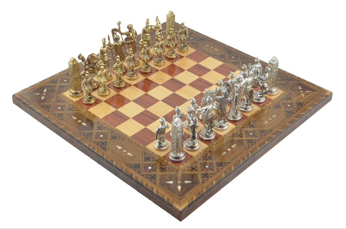 Ancient Greek Metal Chess Set Big Size - Handmade Solid Wood Flat Chessboard, 45 x 45 cm