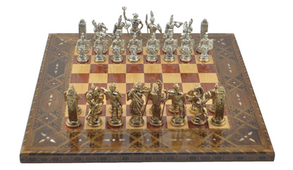 Ancient Greek Metal Chess Set Big Size - Handmade Solid Wood Flat Chessboard, 45 x 45 cm