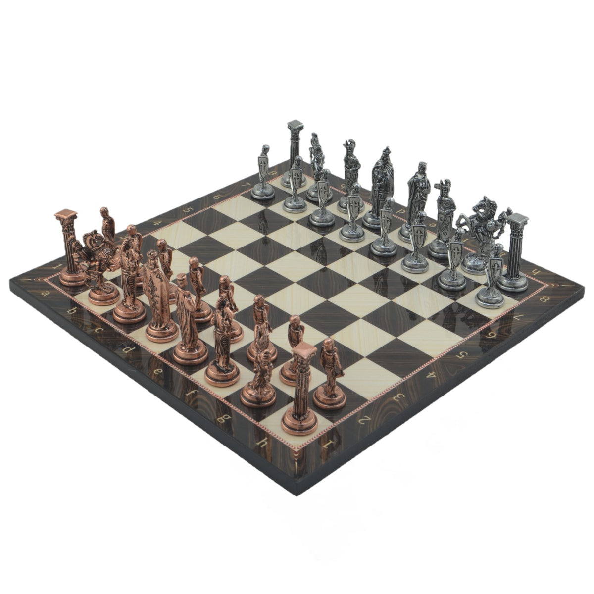 İngiliz Kraliyeti Metal Satranç Takımı – Ceviz Desenli Katlanır MDF Satranç Tahtası, 43 x 43 cm