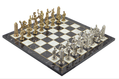 Antik Yunan Metal Satranç Takımı Büyük Boy – Katlanır MDF Satranç Tahtası, 43 x 43 cm