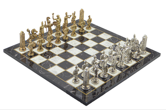 Ancient Greek Metal Chess Set Big Size – Folding MDF Chessboard, 43 x 43 cm
