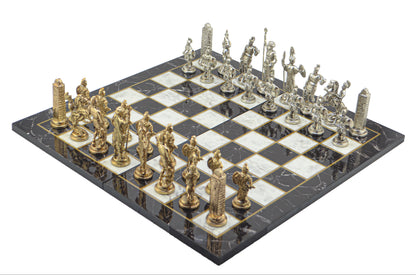 Antik Yunan Metal Satranç Takımı Büyük Boy – Katlanır MDF Satranç Tahtası, 43 x 43 cm