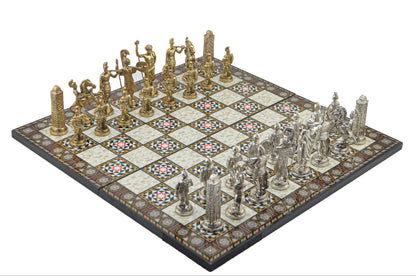 Antik Yunan Metal Satranç Takımı Büyük Boy – Katlanır MDF Satranç Tahtası, 43 x 43 cm
