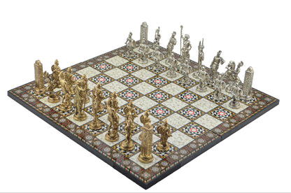 Antik Yunan Metal Satranç Takımı Büyük Boy – Katlanır MDF Satranç Tahtası, 43 x 43 cm