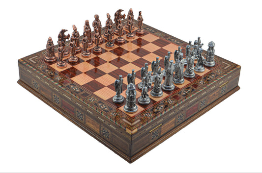 Ottoman Byzantine Metal Chess Set – Handmade Box or Drawer Solid Wood Chessboard, 38 x 38 cm
