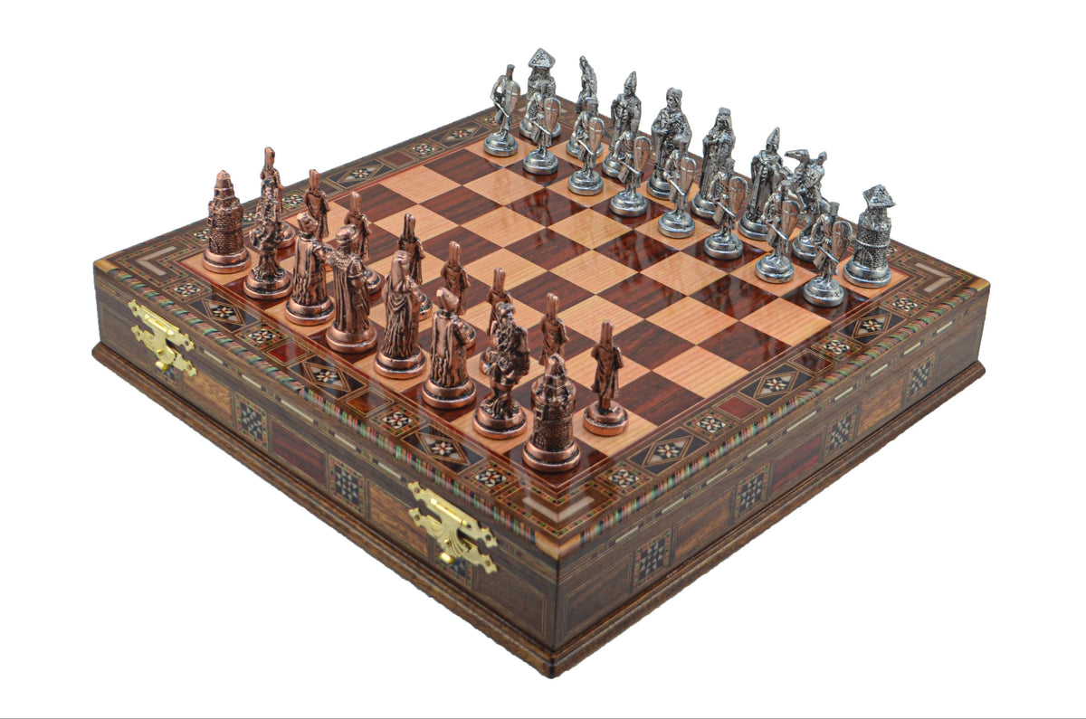 Ottoman Byzantine Metal Chess Set – Handmade Box or Drawer Solid Wood Chessboard, 38 x 38 cm