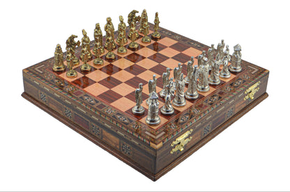 Ottoman Byzantine Metal Chess Set – Handmade Box or Drawer Solid Wood Chessboard, 38 x 38 cm