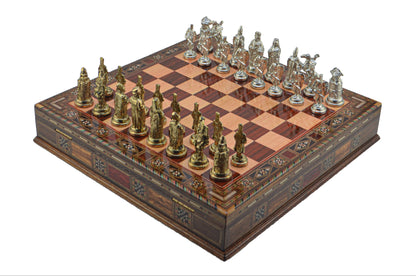 Ottoman Byzantine Metal Chess Set – Handmade Box or Drawer Solid Wood Chessboard, 38 x 38 cm