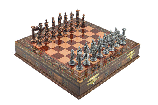 Pegasus Metal Chess Set – Handmade Box or Drawer Solid Wood Chessboard, 38 x 38 cm