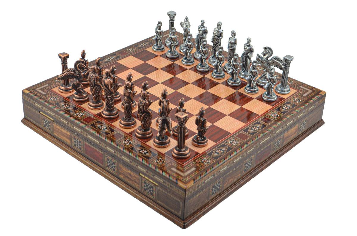 Pegasus Metal Chess Set – Handmade Box or Drawer Solid Wood Chessboard, 38 x 38 cm