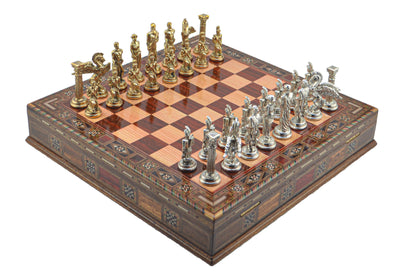 Pegasus Metal Chess Set – Handmade Box or Drawer Solid Wood Chessboard, 38 x 38 cm
