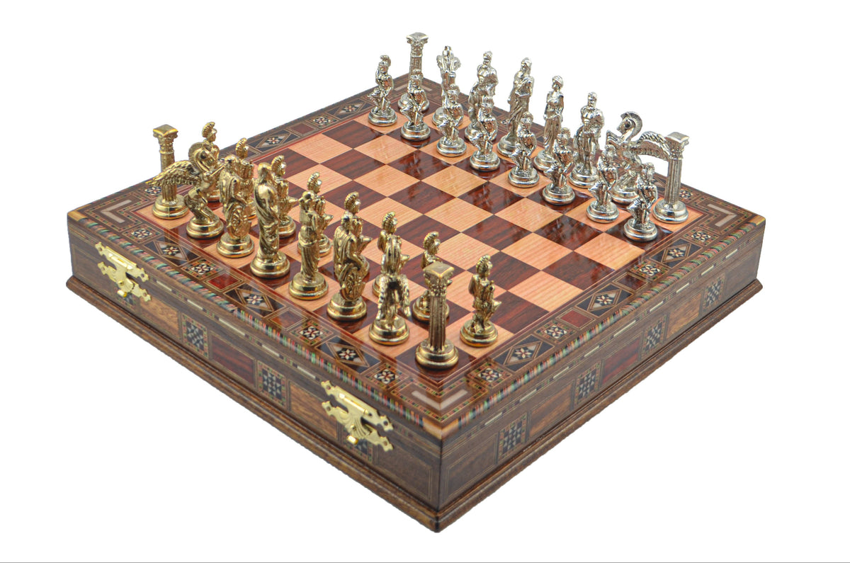 Pegasus Metal Chess Set – Handmade Box or Drawer Solid Wood Chessboard, 38 x 38 cm