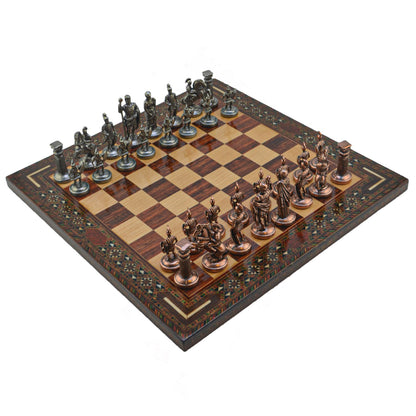 Roman Empire Metal Chess Set – Handmade Solid Wood Flat Chessboard, 36 x 36 cm