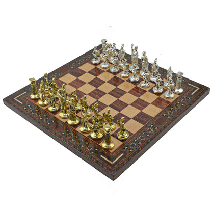 Roman Empire Metal Chess Set – Handmade Solid Wood Flat Chessboard, 36 x 36 cm