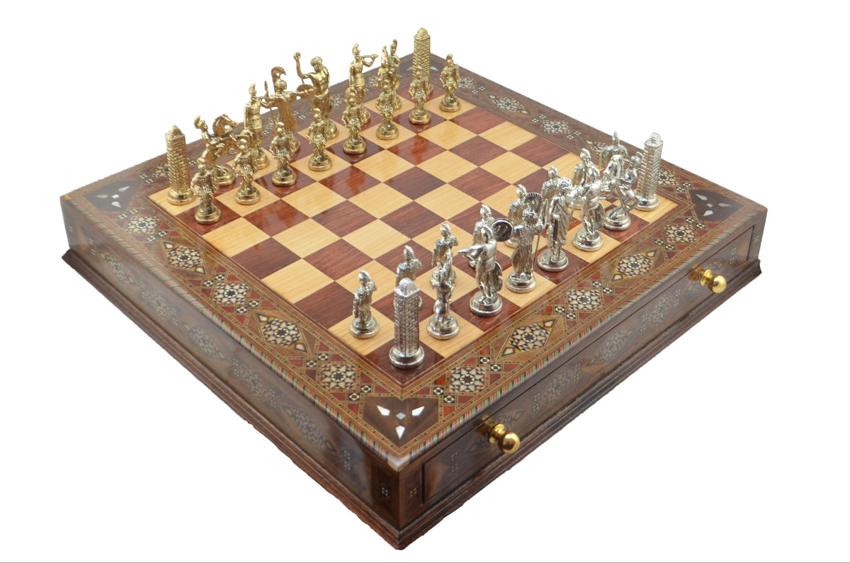 Antik Yunan Metal Satranç Takımı Büyük Boy – El Yapımı Masif Ahşap Çekmeceli Satranç Tahtası, 51 x 51 cm